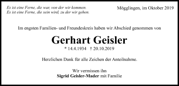 Traueranzeige von Gerhart Geisler von Gmünder Tagespost