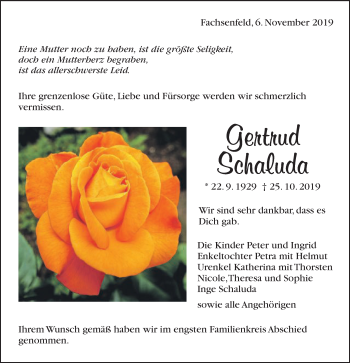Traueranzeige von Gertrud Schaluda von Schwäbische Post