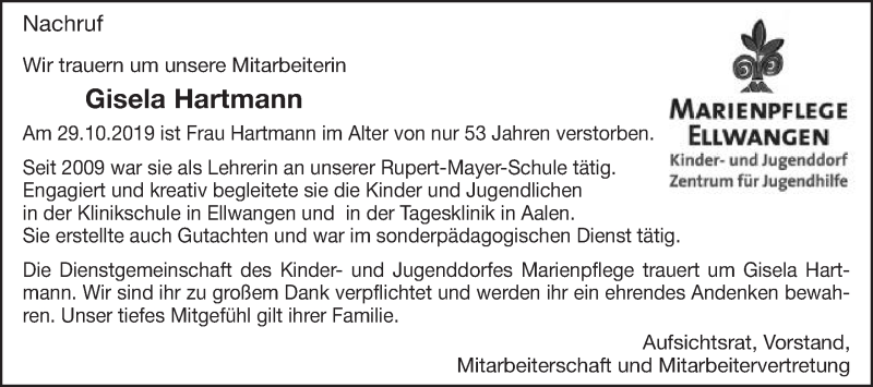  Traueranzeige für Gisela Hartmann vom 05.11.2019 aus Schwäbische Post
