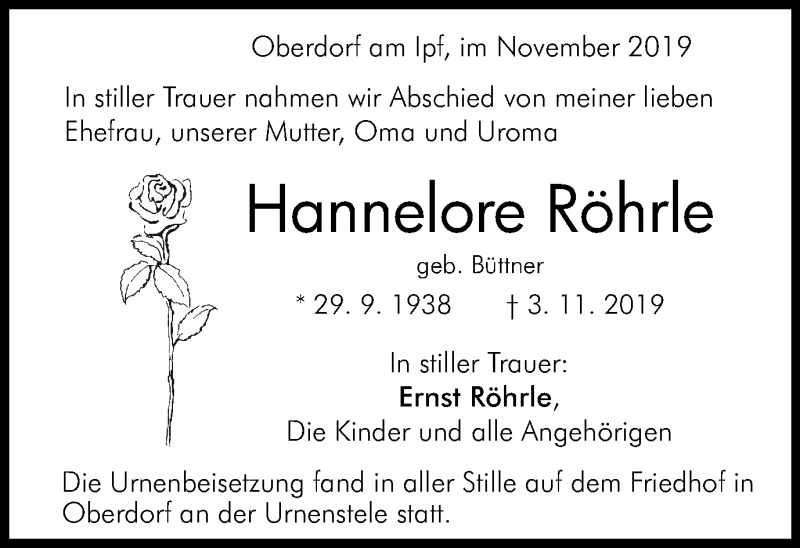  Traueranzeige für Hannelore Röhrle vom 13.11.2019 aus Schwäbische Post