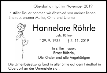 Traueranzeige von Hannelore Röhrle von Schwäbische Post