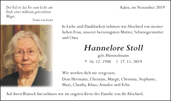 Traueranzeige von Hannelore Stoll von Schwäbische Post