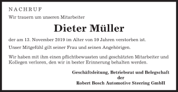 Traueranzeige von Hans-Dieter Müller von Gmünder Tagespost