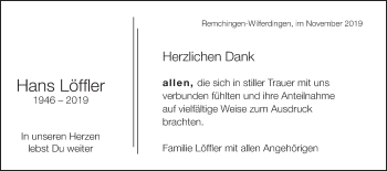 Traueranzeige von Hans Löffler von Schwäbische Post