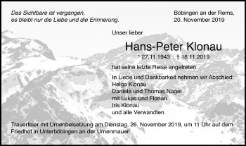 Traueranzeige von Hans-Peter Klonau von Gmünder Tagespost