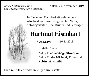 Traueranzeige von Hartmut Eisenbart von Schwäbische Post