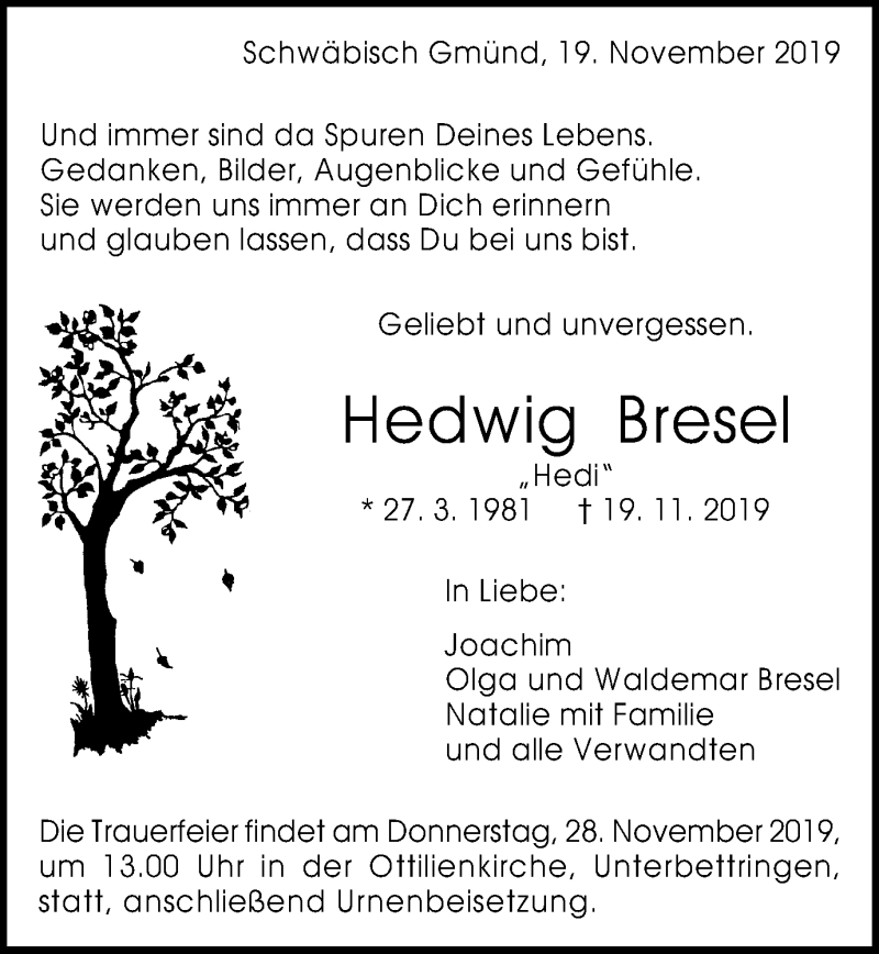  Traueranzeige für Hedwig Bresel vom 25.11.2019 aus Gmünder Tagespost