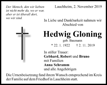Traueranzeige von Hedwig Gloning von Schwäbische Post