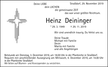 Traueranzeige von Heinz Deininger von Gmünder Tagespost
