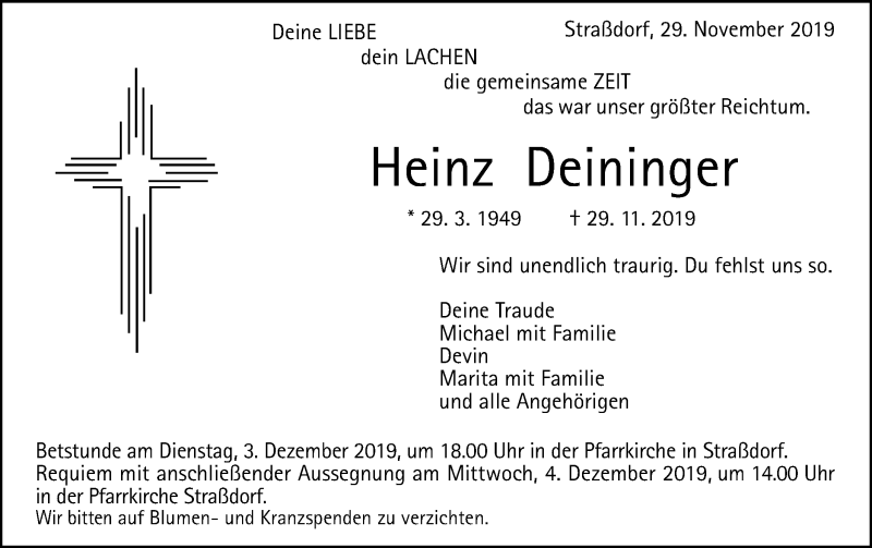  Traueranzeige für Heinz Deininger vom 30.11.2019 aus Gmünder Tagespost