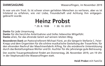 Traueranzeige von Heinz Probst von Schwäbische Post