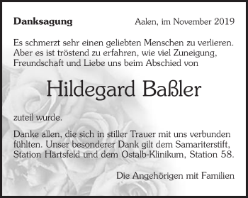 Traueranzeige von Hildegard Baßler von Schwäbische Post