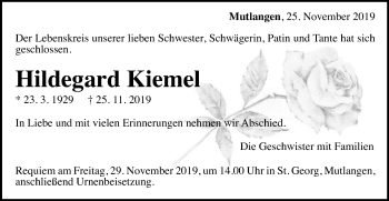 Traueranzeige von Hildegard Kiemel von Gmünder Tagespost