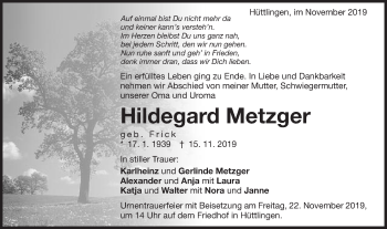 Traueranzeige von Hildegard Metzger von Schwäbische Post