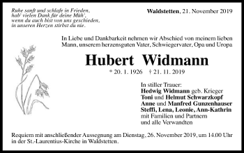 Traueranzeige von Hubert Widmann von Gmünder Tagespost