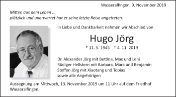 Traueranzeige von Hugo Jörg von Schwäbische Post