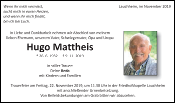 Traueranzeige von Hugo Mattheis von Schwäbische Post
