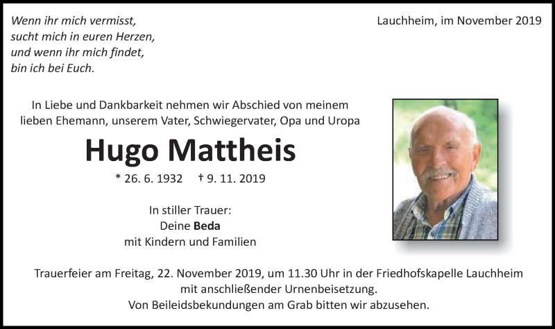  Traueranzeige für Hugo Mattheis vom 16.11.2019 aus Schwäbische Post