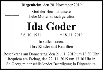 Traueranzeige von Ida Goder von Schwäbische Post