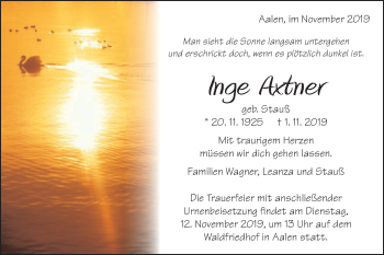 Traueranzeige von Inge Axtner von Schwäbische Post