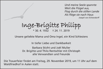Traueranzeige von Inge-Brigitte Philipp von Schwäbische Post