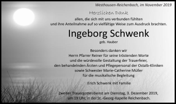 Traueranzeige von Ingeborg Schwenk von Schwäbische Post