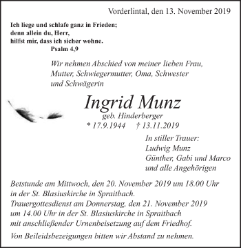 Traueranzeige von Ingrid Munz von Gmünder Tagespost