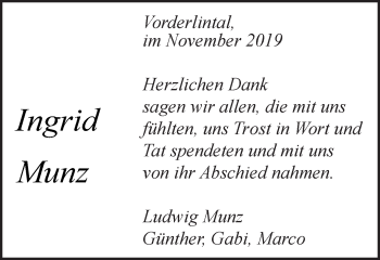 Traueranzeige von Ingrid Munz von Gmünder Tagespost
