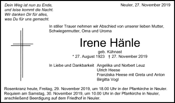 Traueranzeige von Irene Hänle von Schwäbische Post