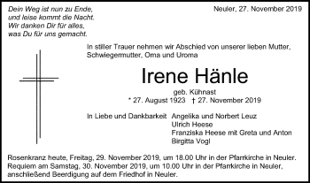 Traueranzeige von Irene Hänle