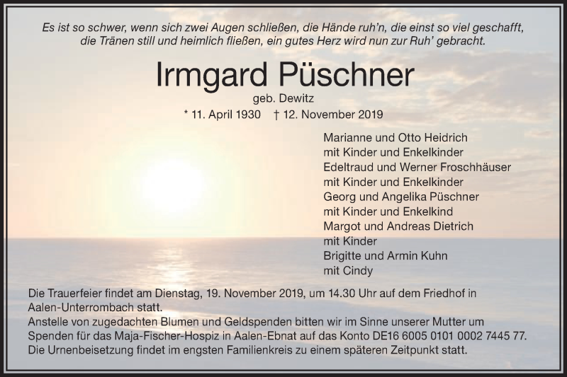  Traueranzeige für Irmgard Püschner vom 16.11.2019 aus Schwäbische Post