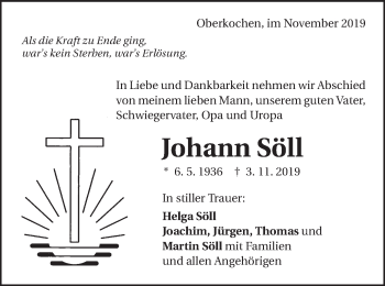 Traueranzeige von Johann Söll von Amtsblatt_Oko