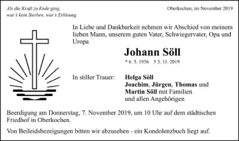 Traueranzeige von Johann Söll von Schwäbische Post