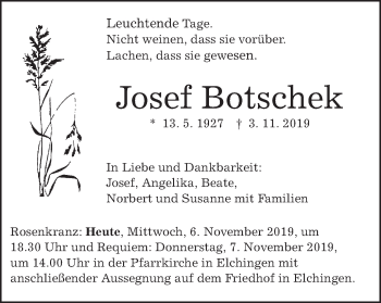 Traueranzeige von Josef Botschek von Schwäbische Post
