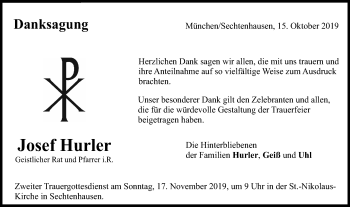 Traueranzeige von Josef Hurler von Schwäbische Post