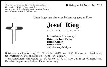 Traueranzeige von Josef Rieg von Gmünder Tagespost