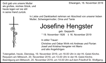 Traueranzeige von Josefine Hengster von Schwäbische Post