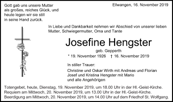 Traueranzeige von Josefine Hengster