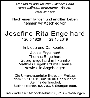 Traueranzeige von Josefine Rita Engelhard von Schwäbische Post