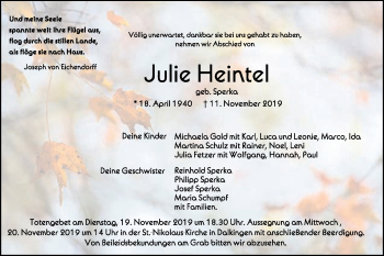 Traueranzeige von Julie Heintel von Schwäbische Post