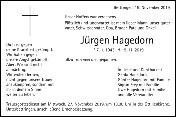 Traueranzeige von Jürgen Hagedorn von Gmünder Tagespost