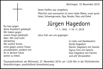 Traueranzeige von Jürgen Hagedorn