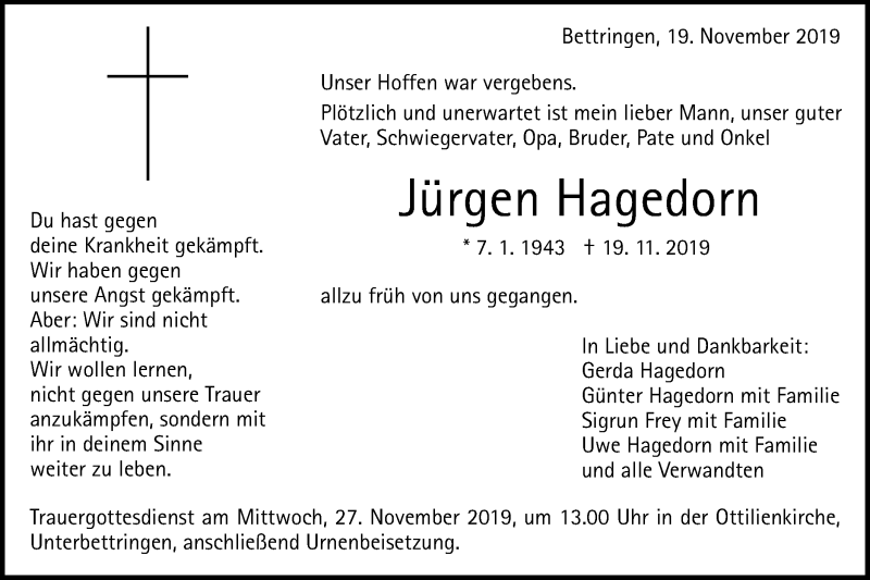  Traueranzeige für Jürgen Hagedorn vom 23.11.2019 aus Gmünder Tagespost