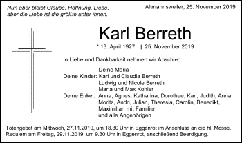 Traueranzeige von Karl Berreth von Schwäbische Post