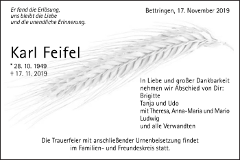 Traueranzeige von Karl Feifel von Gmünder Tagespost