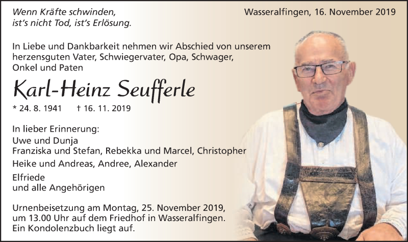  Traueranzeige für Karl-Heinz Seufferle vom 20.11.2019 aus Schwäbische Post