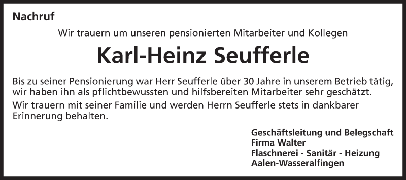  Traueranzeige für Karl-Heinz Seufferle vom 20.11.2019 aus Schwäbische Post