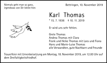Traueranzeige von Karl Thomas von Gmünder Tagespost
