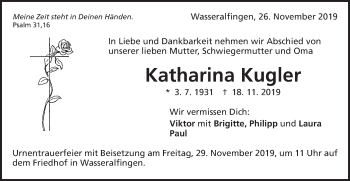Traueranzeige von Katharina Kugler von Schwäbische Post