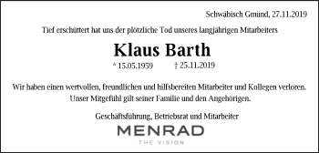 Traueranzeige von Klaus Barth von Gmünder Tagespost